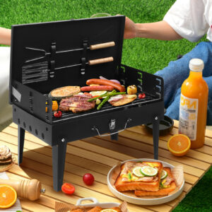 Portable Square Charcoal Grill – Folding Cast Iron BBQ Oven with Adjustable Height & Lid (44×27×22 cm, Black)