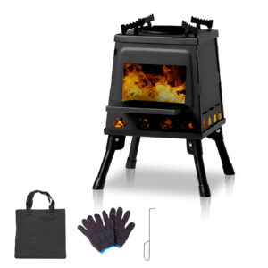 Portable Wrought Iron Camping Stove – Wood-Fueled, Detachable Design with Firewood Hook & Gloves, 27×27×34 cm