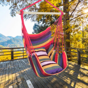 Rainbow Hanging Rope Chair – Cotton Canvas Swing Seat with 2 Pillows for Indoor & Outdoor Relaxation