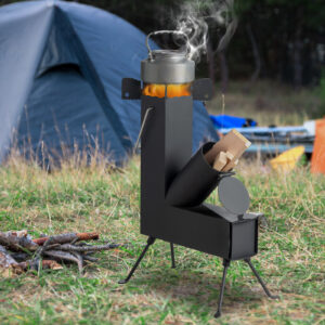 Portable Rocket Camping Stove – Heavy-Duty Alloy Steel, Wood-Fueled with Adjustable Legs (22" Tall, Black)