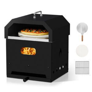 4-in-1 Outdoor Pizza Oven – Charcoal & Wood-Fired Iron Oven with Grill, Fire Pit & Cooking Station (Black, Square Design)