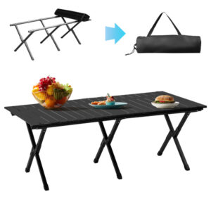 116×60×42 cm Folding Camping Table – Lightweight Roll-Up Design, Carbon Steel Frame, 220 lb Capacity, with Storage Bag