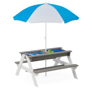 3-in-1 Kids Wooden Picnic Table with Adjustable Umbrella – Convertible Sand & Water Play Station, Grey Finish